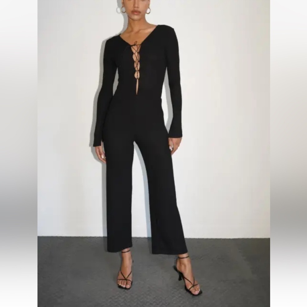 NWT LNA Kayla Black Ribbed Lace Up Long Sleeve Jumpsuit/Pantsuit Size 2X